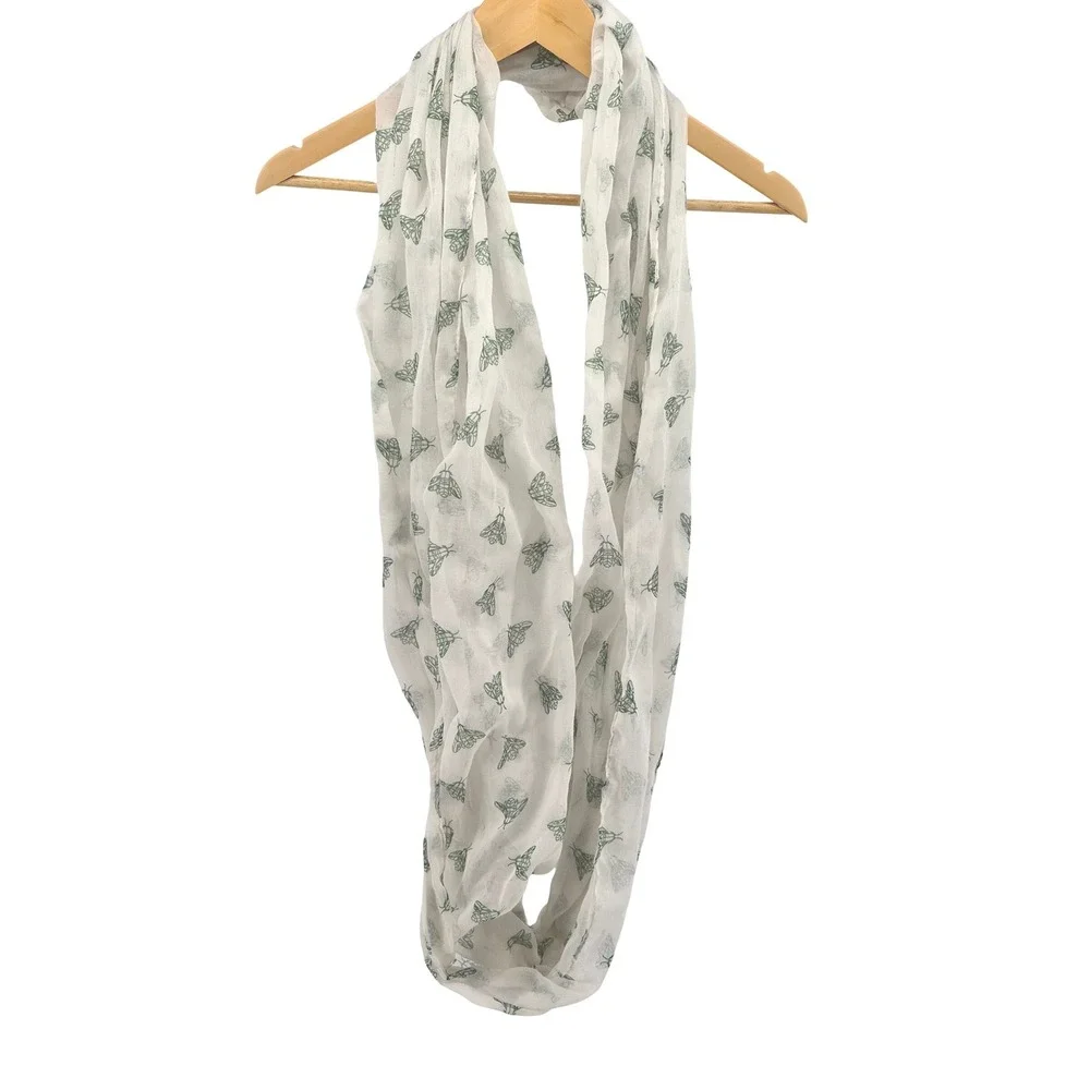 White Infinity Scarf Green Cicada Moth Insect Print Lightweight Gauze Loop Scarf